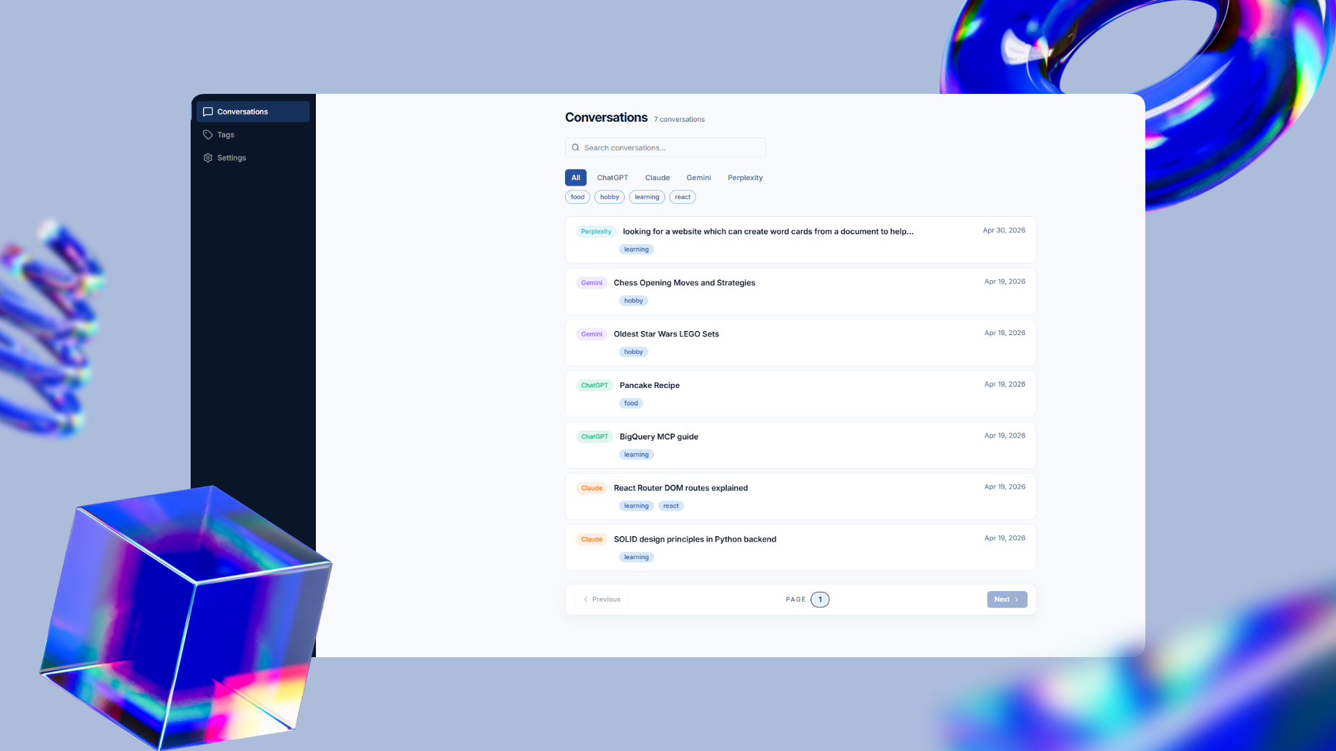 Convattic dashboard showing saved and organized AI conversations from ChatGPT, Claude, Gemini, and Perplexity